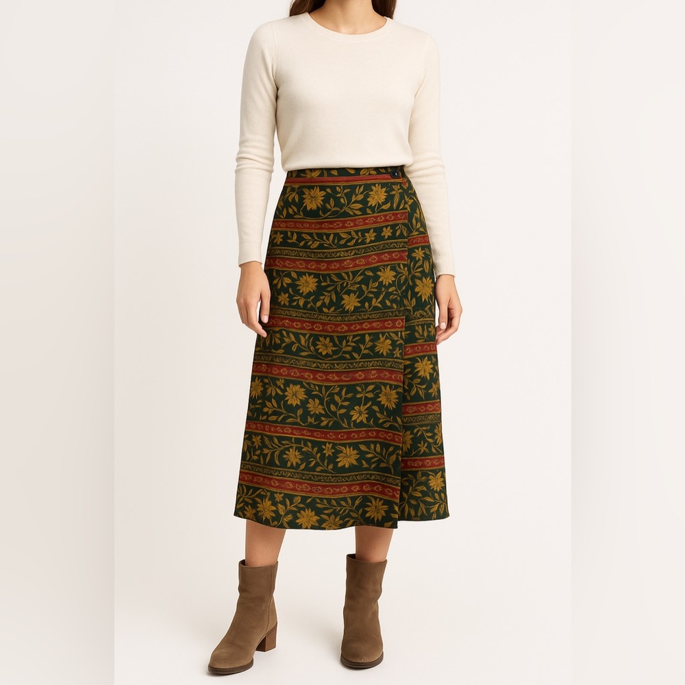 Vintage 90s Chaus Petite Wrap Midi Skirt Floral Boho Stripe Button